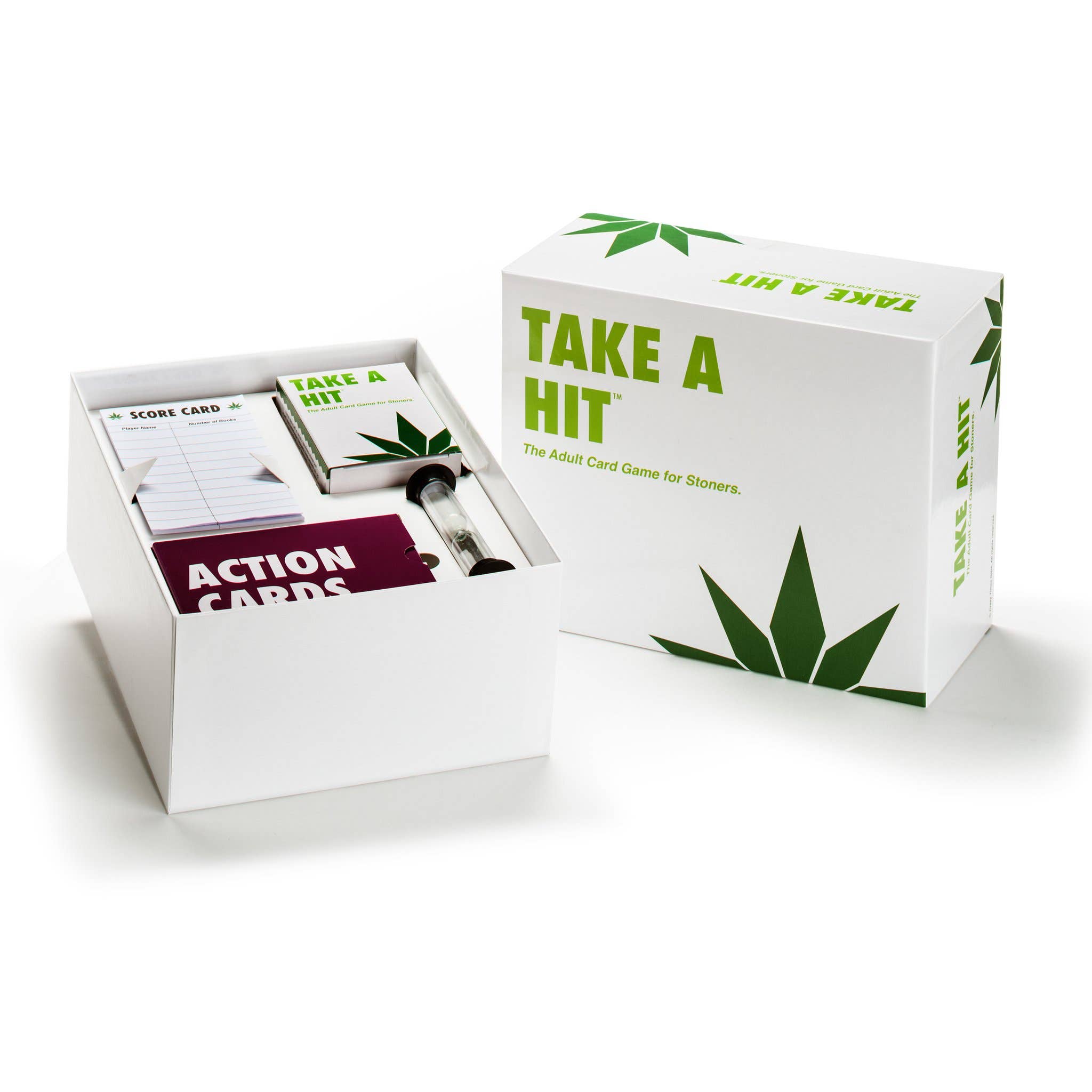 The Take A Hit Party Game by Island Dogs comes with action cards, score cards, a notepad, and a small glass tube in packaging with green leaf designs and the tagline The Adult Party Game for Stoners.