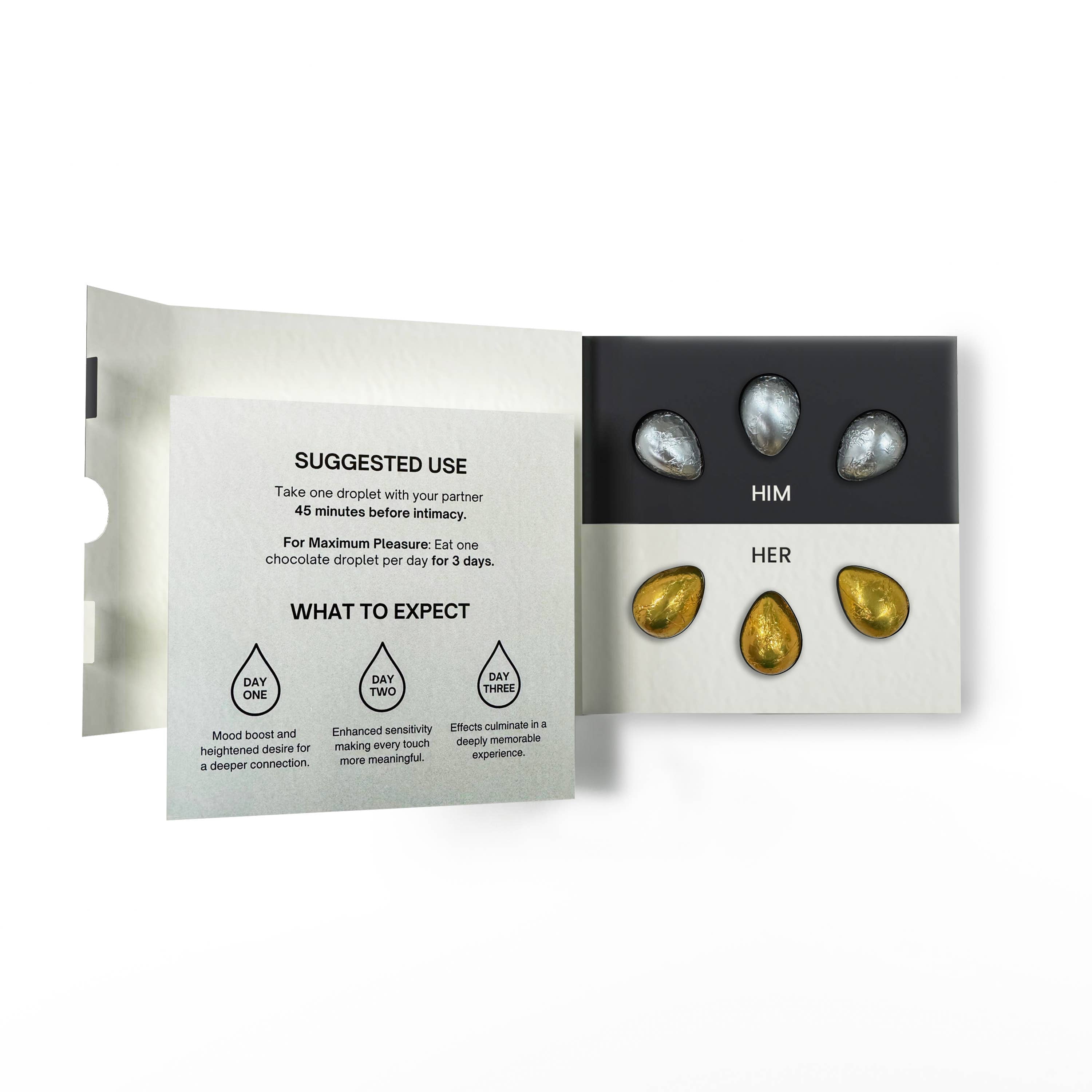 An open box of Kums Chocolate for Couples by Kums reveals four teardrop-shaped capsules—two silver (“HIM”) and two gold (“HER”)—with instructions, offering pleasure-enhancing chocolates to boost intimacy over three days.