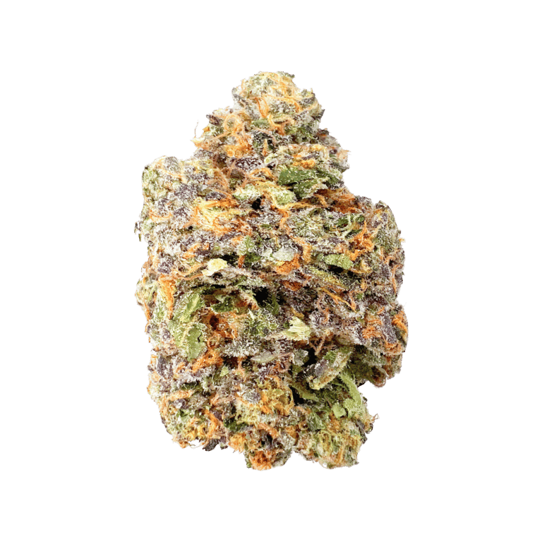 A close-up of Hemp Livings Gary Payton Hybrid Flower highlights its dense, frosty trichomes and vibrant green, purple, and orange hues against a white background.