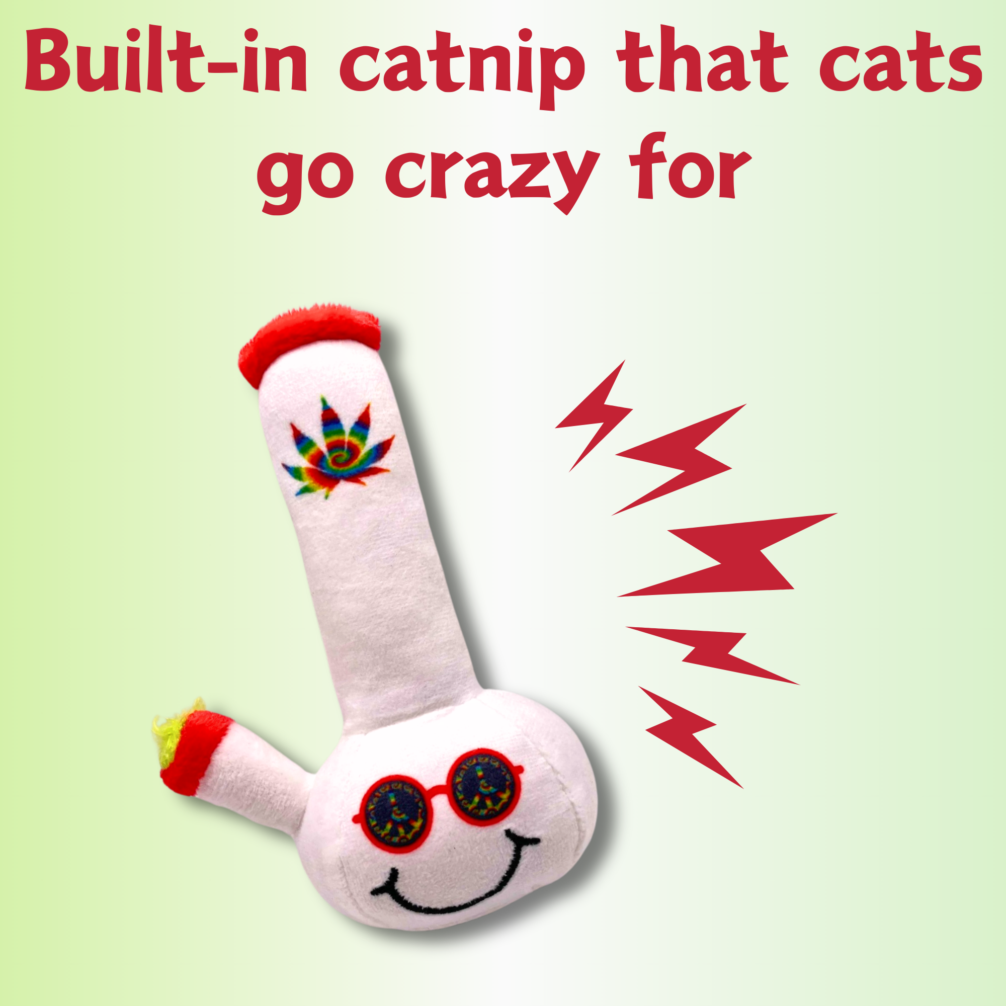 The PAW:20 Lil Billie Bong Cat Toy—a hilarious cat toy shaped like a smiling bong with colorful sunglasses, flower design, and red zigzags. Built-in catnip drives cats wild—perfect stoner cat gift!.