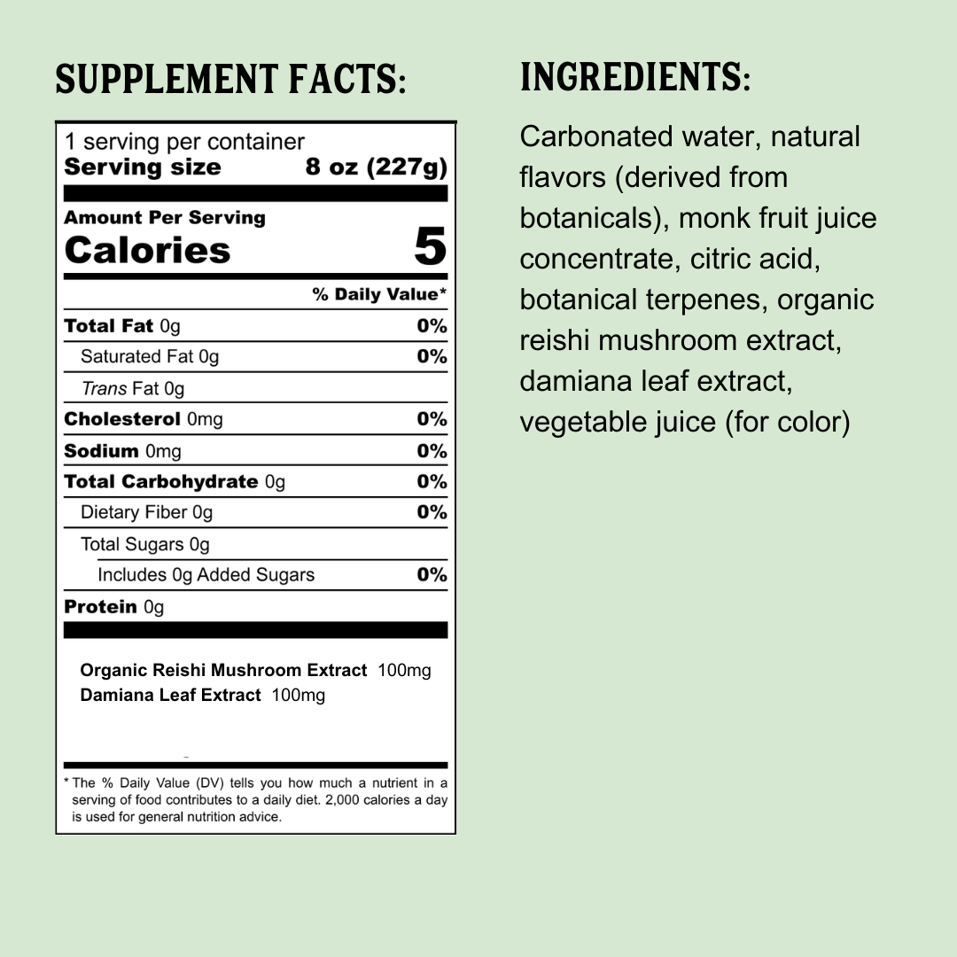 Supplement facts and ingredients label for Little Saints Spiced Old Fashioned Adaptogenic Mocktail. Each 8 oz serving lists calories, nutrients, organic reishi and lion’s mane mushroom extracts, and damiana leaf extract. Ingredients are shown on the right.