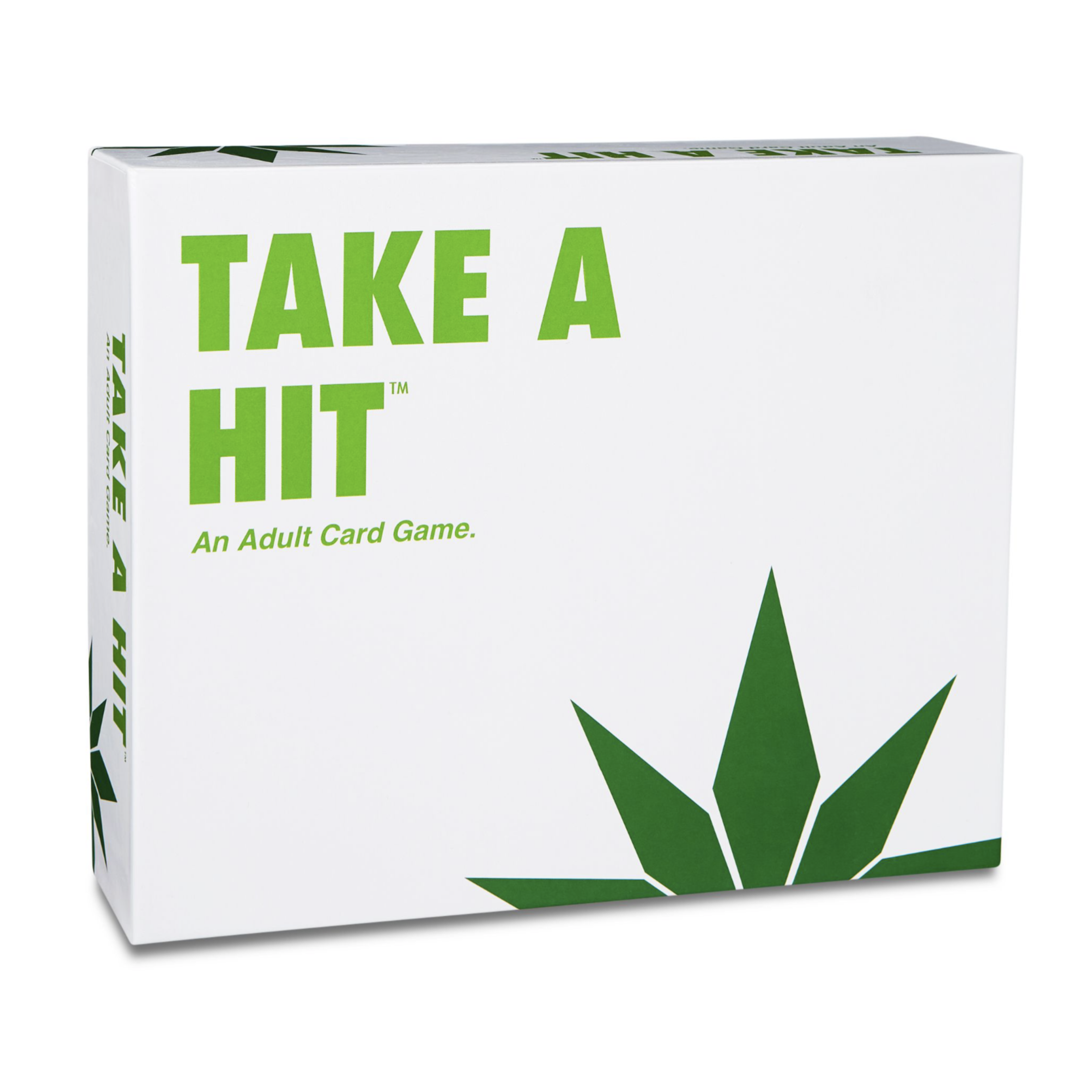 A white box featuring Take A Hit Party Game by Island Dogs in green text, with a stylized green leaf at the bottom right—ideal for your next adult party game.