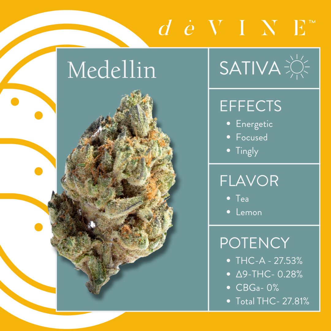 A promotional graphic for DeVINE Wellness’ Medellin Sativa Flower shows a dense, frosty bud and highlights an energetic, focused, euphoric high with tingly effects, tea and lemon flavors, plus THC potency information.