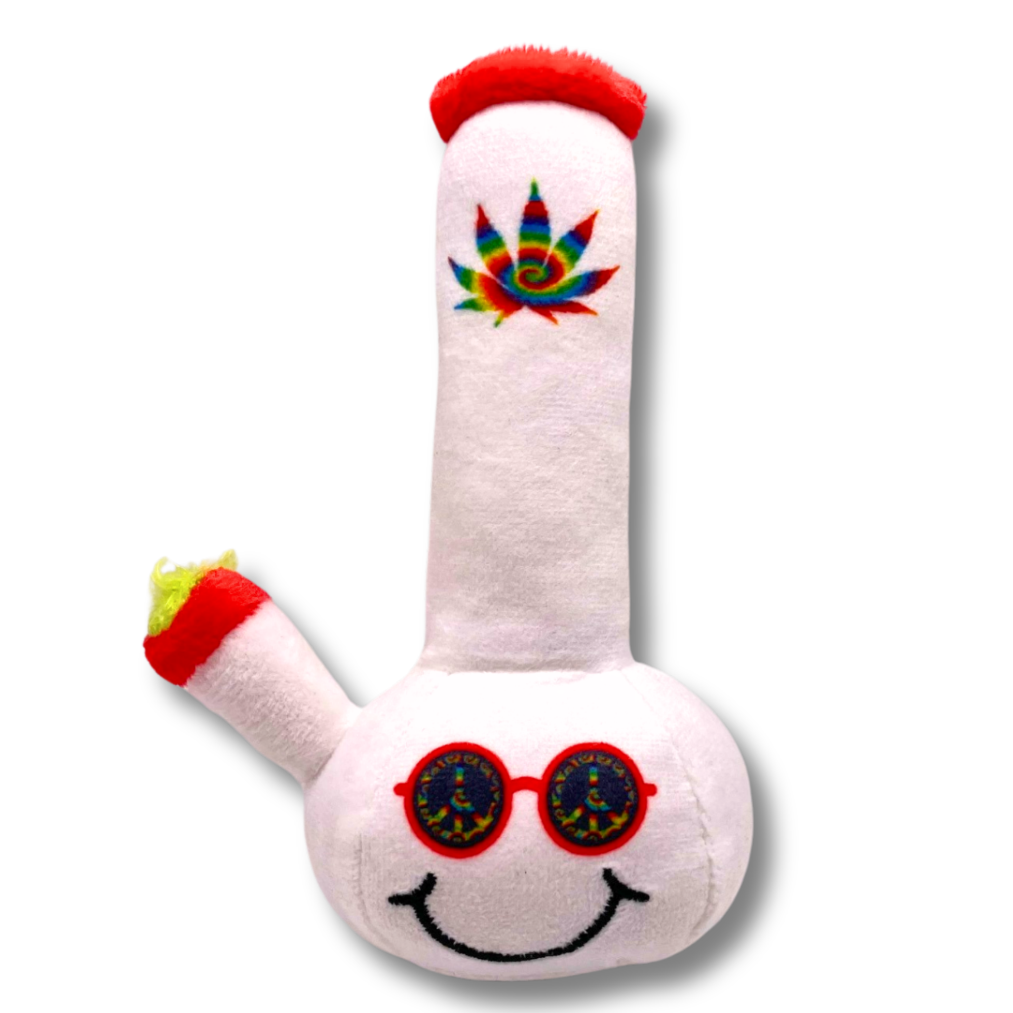 The PAW:20 Lil Billie Bong Cat Toy is a plush bong-shaped catnip toy with a smiling face, red sunglasses, rainbow cannabis leaf design, and red accents—ideal as a stoner cat gift or playful accessory for your feline.