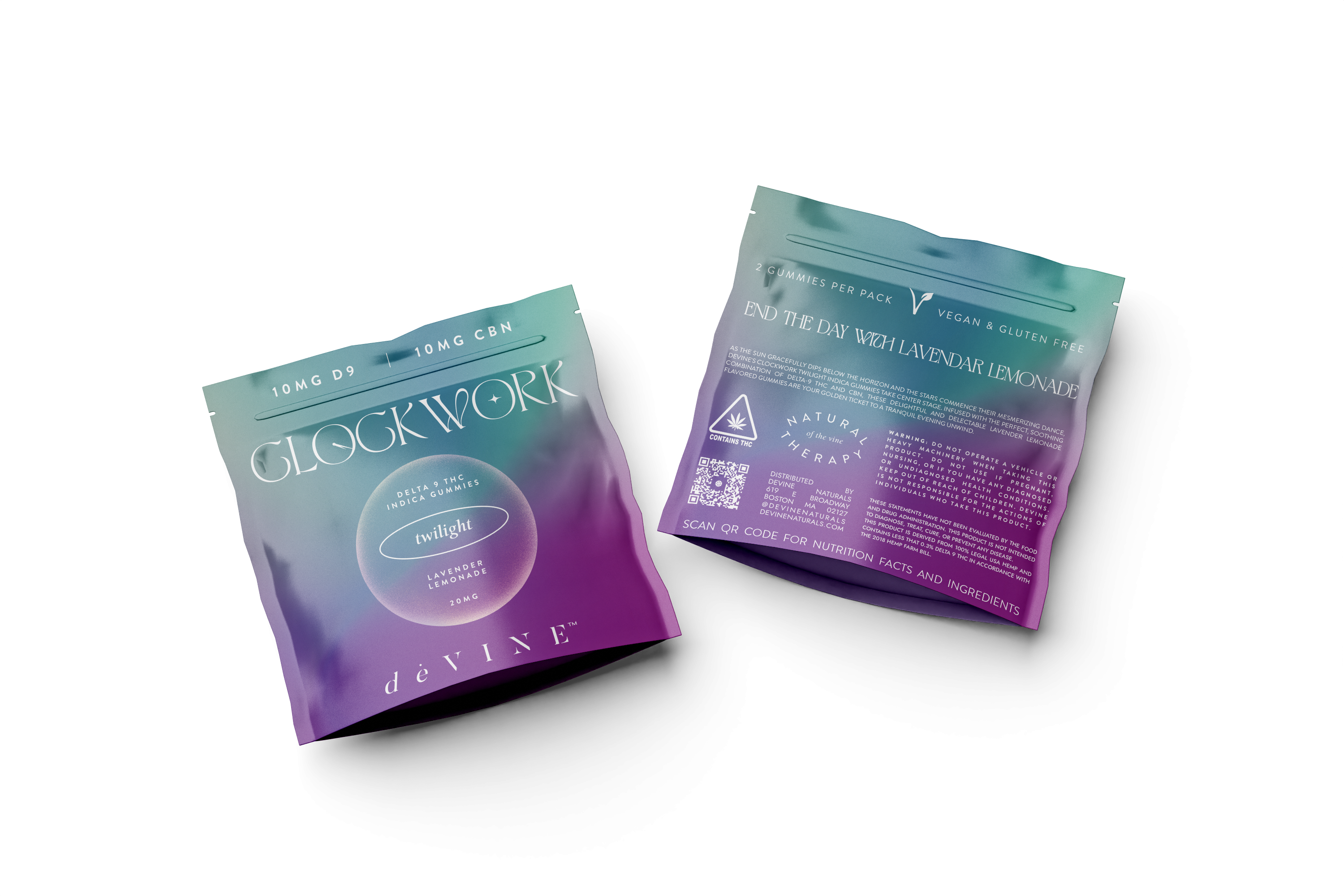 Two vibrant gradient pouches labeled “Clockwork- Twilight Indica ∆9 Gummies” by DeVINE Wellness, display Delta-9 THC content, vegan and gluten-free icons, a QR code, and product info—all set against a crisp white background.