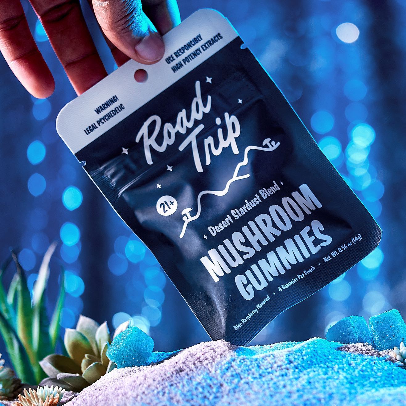 A hand holds a blue package of Road Trip Mushroom Gummies by Road Trip, labeled “desert stardust blend.” Glowing blue light and succulents create a dreamy, surreal vibe, highlighting these plant-based gummies.