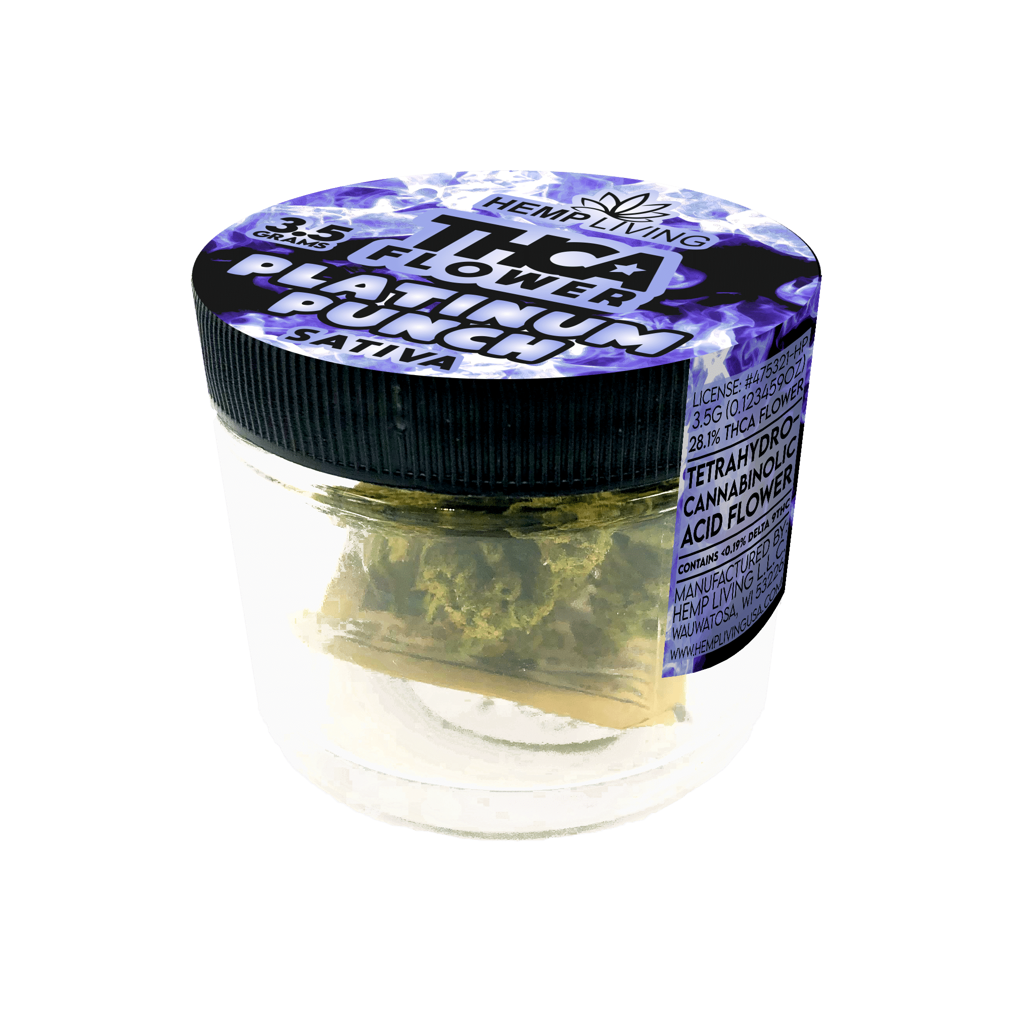 A clear plastic jar with a black lid labeled Platinum Punch Sativa Flower by Hemp Living contains Sativa-dominant green buds. The lid features purple smoke accents and Hemp Living brand details.