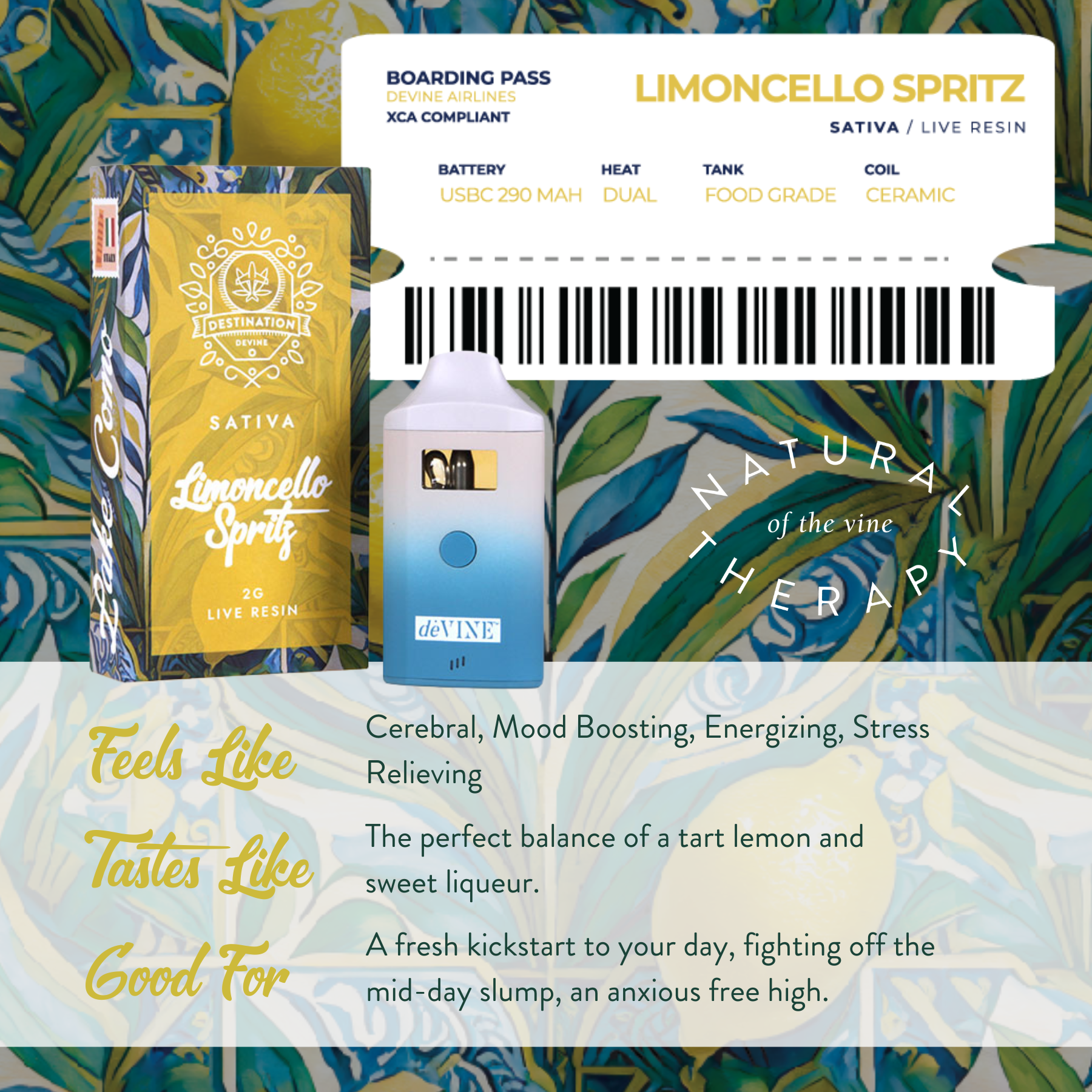 The deVINE Destinations Live Resin THC Disposable by DeVINE Wellness is shown with a boarding pass graphic, text about its energizing, mood-boosting effects, and yellow-green vines—offering premium cannabis in a travel-inspired disposable vape.