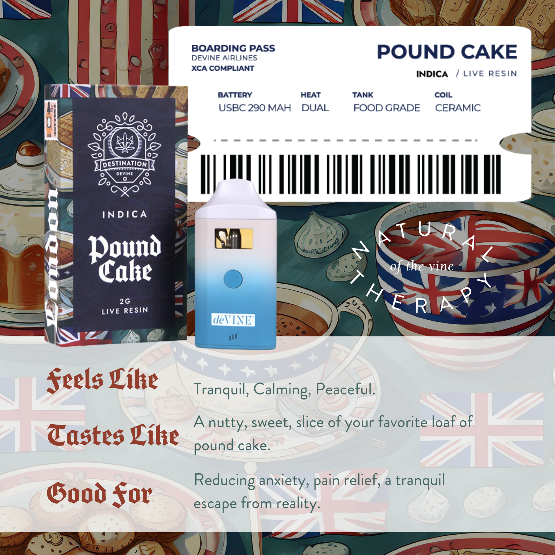 The deVINE Destinations Live Resin THC Disposable by DeVINE Wellness is shown with British-themed items. This premium vape offers calming effects, a nutty sweet flavor, and travel-inspired vaping, ideal for anxiety relief and relaxation.