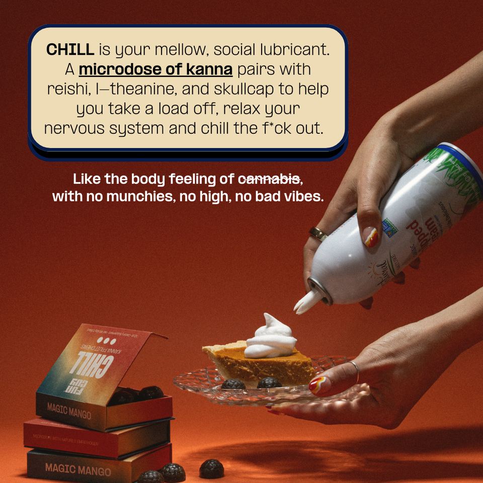 A hand tops a slice of pie with whipped cream against an orange background. Text describes Fun Guy Chill Fruit Chews as a mellow social aid, delivering stress relief and relaxation without the high or munchies of cannabis.