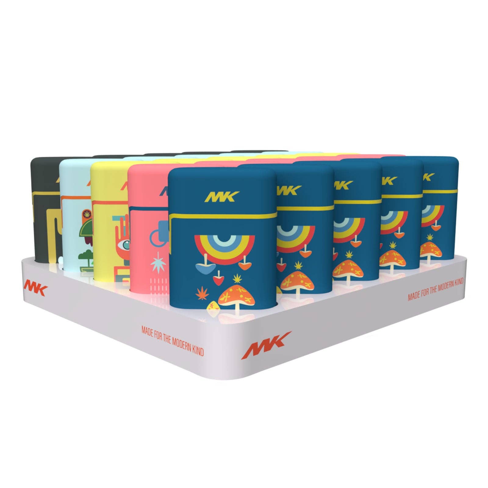 A display stand with rows of colorful, rectangular vape devices sits next to MK Lighter Companys Ignition Pocket Lighters - Nature Series, perfect for those seeking a vibrant touch and reliable torch flame.