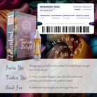 An ad for DeVINE Destinations Live Resin THC Cartridge by DeVINE Wellness displays a box, THC vape cartridge, boarding pass, and swirling fabric. Text highlights its hybrid type, travel-inspired flavor, effects, and benefits as natural therapy.