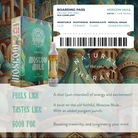 A deVINE Destinations Live Resin THC Cartridge by DeVINE Wellness sits before ornate arches. Its packaging features travel-themed boarding pass art, flavor and effects notes for cannabis connoisseurs, plus a “Natural Therapy” circular emblem.