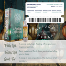 A deVINE Destinations Live Resin THC Cartridge by DeVINE Wellness is displayed with package and boarding pass design, detailed info, and tasting notes—ideal for cannabis connoisseurs craving travel-themed vaping in a cozy room.