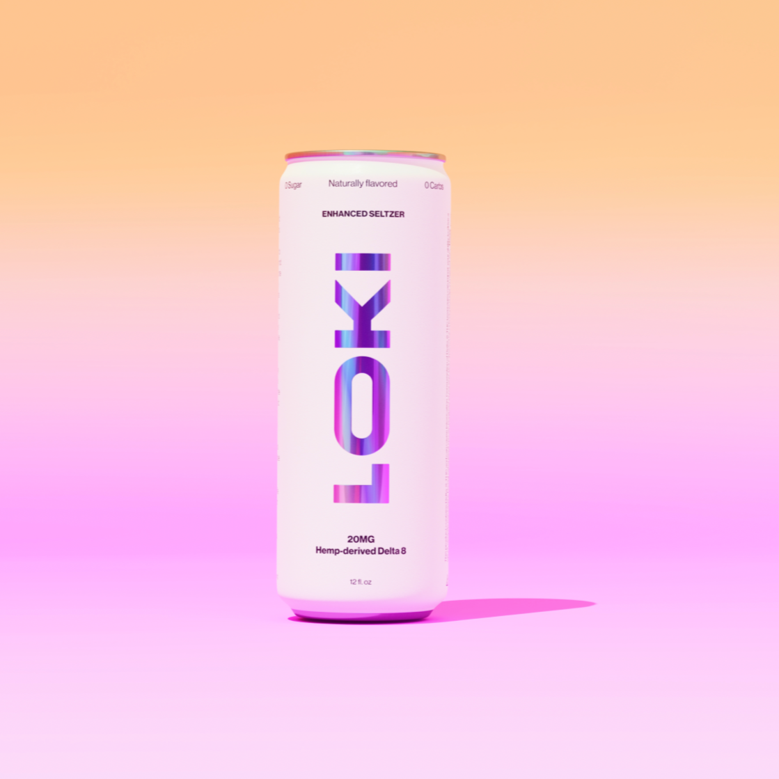 A tall can of LOKI Seltzer by LOKI with a minimalist design stands against a pastel orange and pink background, featuring holographic lettering and highlighting 20mg hemp-derived Delta 8.