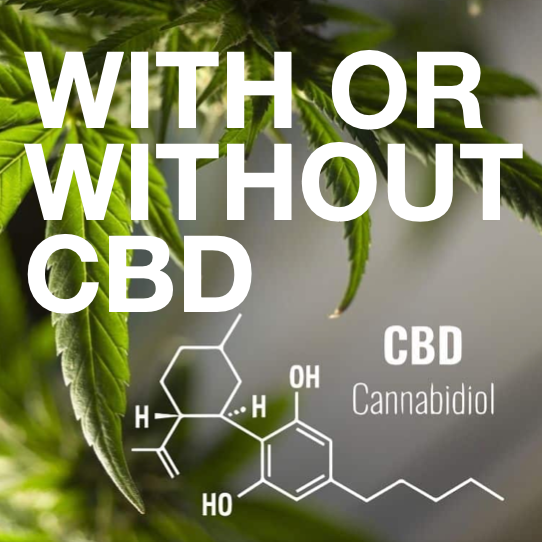 A close-up of cannabis leaves with bold white text: WITH OR WITHOUT CBD. Below, the CBD chemical structure, “CBD Cannabidiol,” and “infused with damiana leaf.” Product: Big Orgasm Oil by Eat Gold Organics.