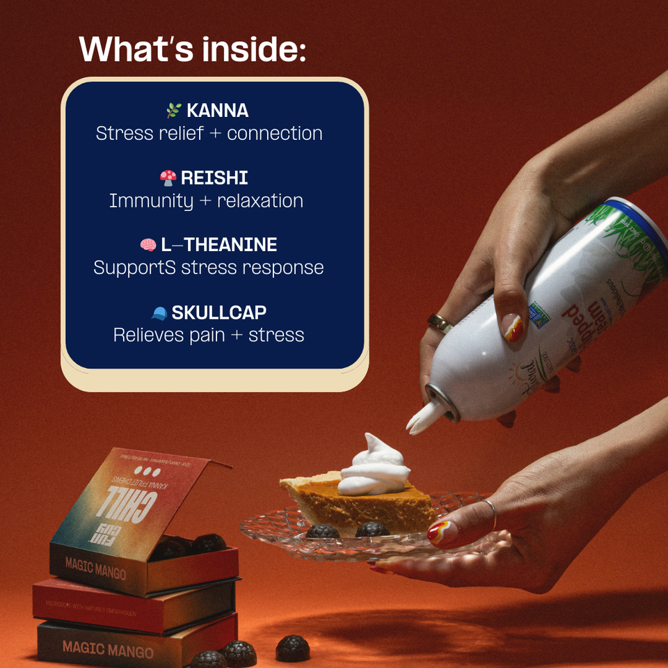 A hand tops a slice of pie with whipped cream. Nearby, a sign highlights stress-relief ingredients like Kanna and L-Theanine. Boxes labeled Fun Guy Chill Fruit Chews are visible, making this treat a perfect social lubricant.