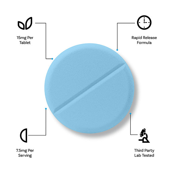 7 Tabz blue tablet showing 15mg dosage, rapid release formula, 7.5mg per serving, and third-party lab tested details.