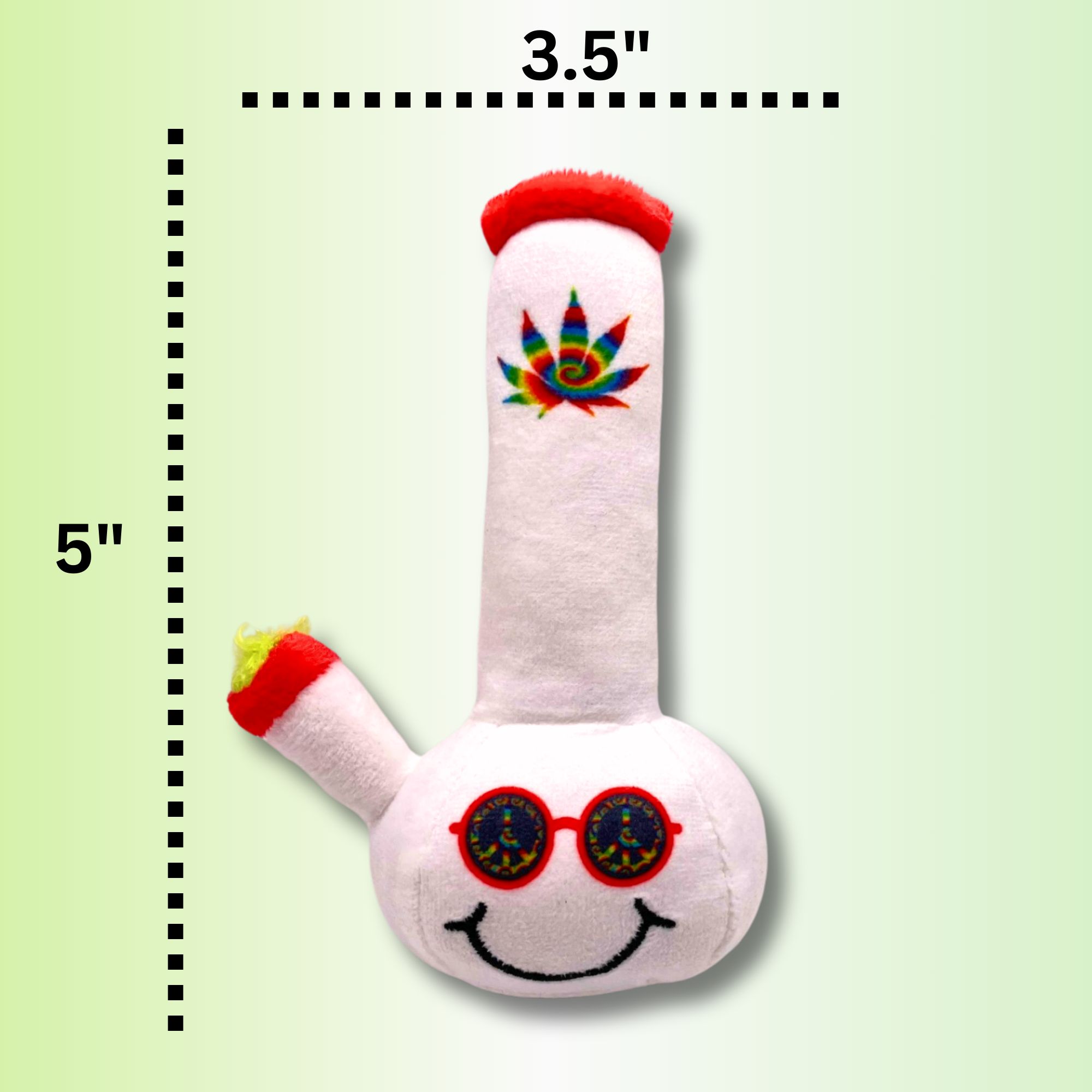 The PAW:20 Lil Billie Bong Cat Toy is a 5x3.5 plush catnip toy shaped like a bong, with a smiley face, red sunglasses, and colorful marijuana leaf—an amusing stoner cat gift with a light green background.