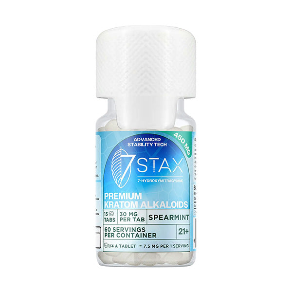 7STAX 7-OH Tabs (15ct) bottle with premium kratom alkaloids and 30mg per tab spearmint flavor.