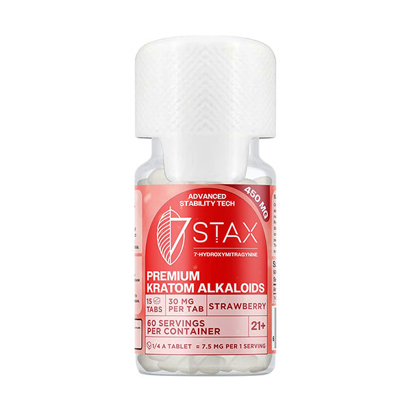 7STAX 7-OH Tabs (15ct) bottle showing 30mg per tablet premium kratom alkaloids strawberry flavor