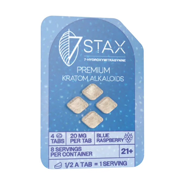 7STAX 7-OH Tabs blue raspberry flavor, 4 tablets, 20mg each, premium kratom alkaloids, 21+ age recommended.