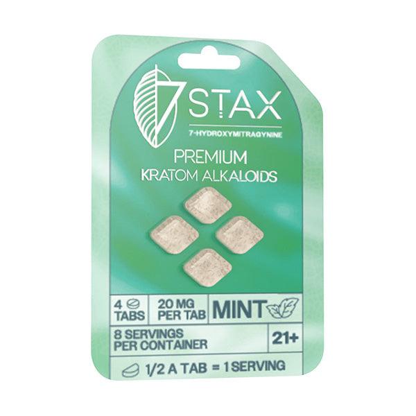 7STAX 7-OH Tabs pack with four mint-flavored tablets, each containing 20mg of 7-Hydroxymitragynine for focus and wellness.