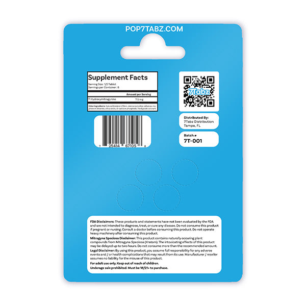 7 Tabz packaging showing supplement facts, barcode, QR code, batch number, and FDA disclaimer on blue background.