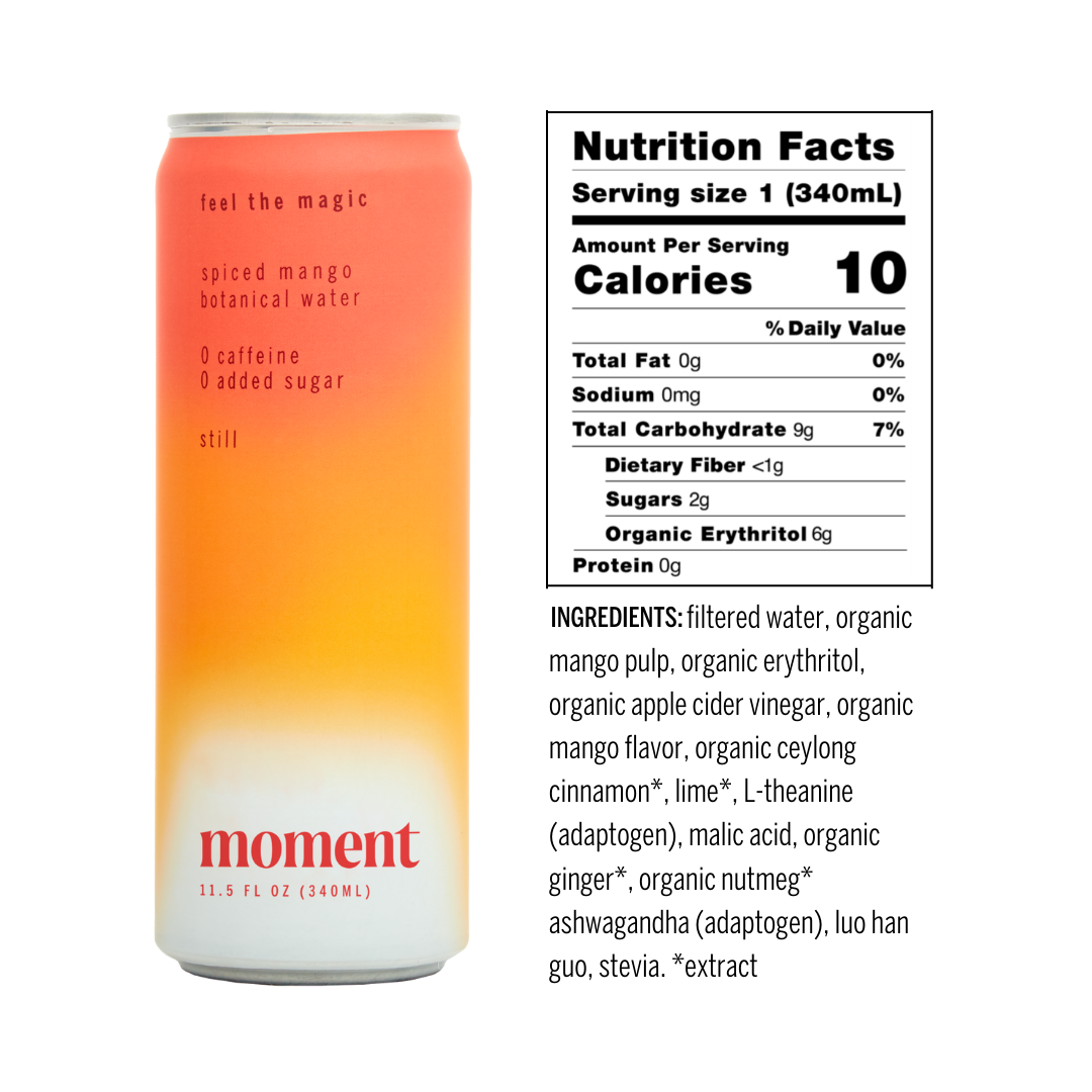 A can of Moment Botanical Beverage by Moment, featuring a gradient orange-yellow design, sits beside its nutrition facts and ingredients. This adaptogenic drink contains 0 caffeine, 0 added sugar, and only 10 calories per serving.
