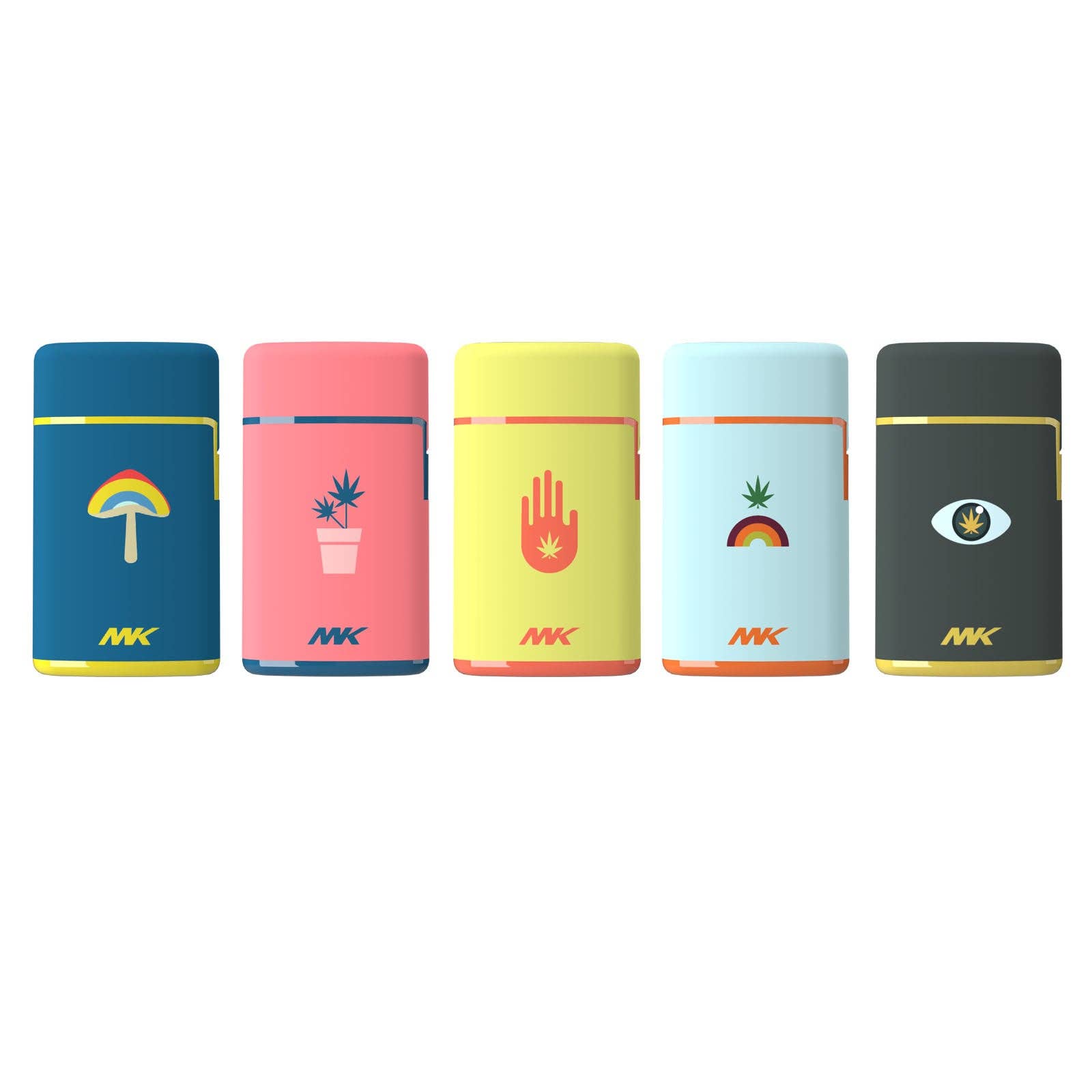 Five colorful rectangular Ignition Pocket Lighters from MK Lighter Company’s Nature Series—each with a unique graphic (mushroom, cactus, hand with leaf, pineapple with rainbow, and eye with plant)—are lined up side by side. Each is refillable.