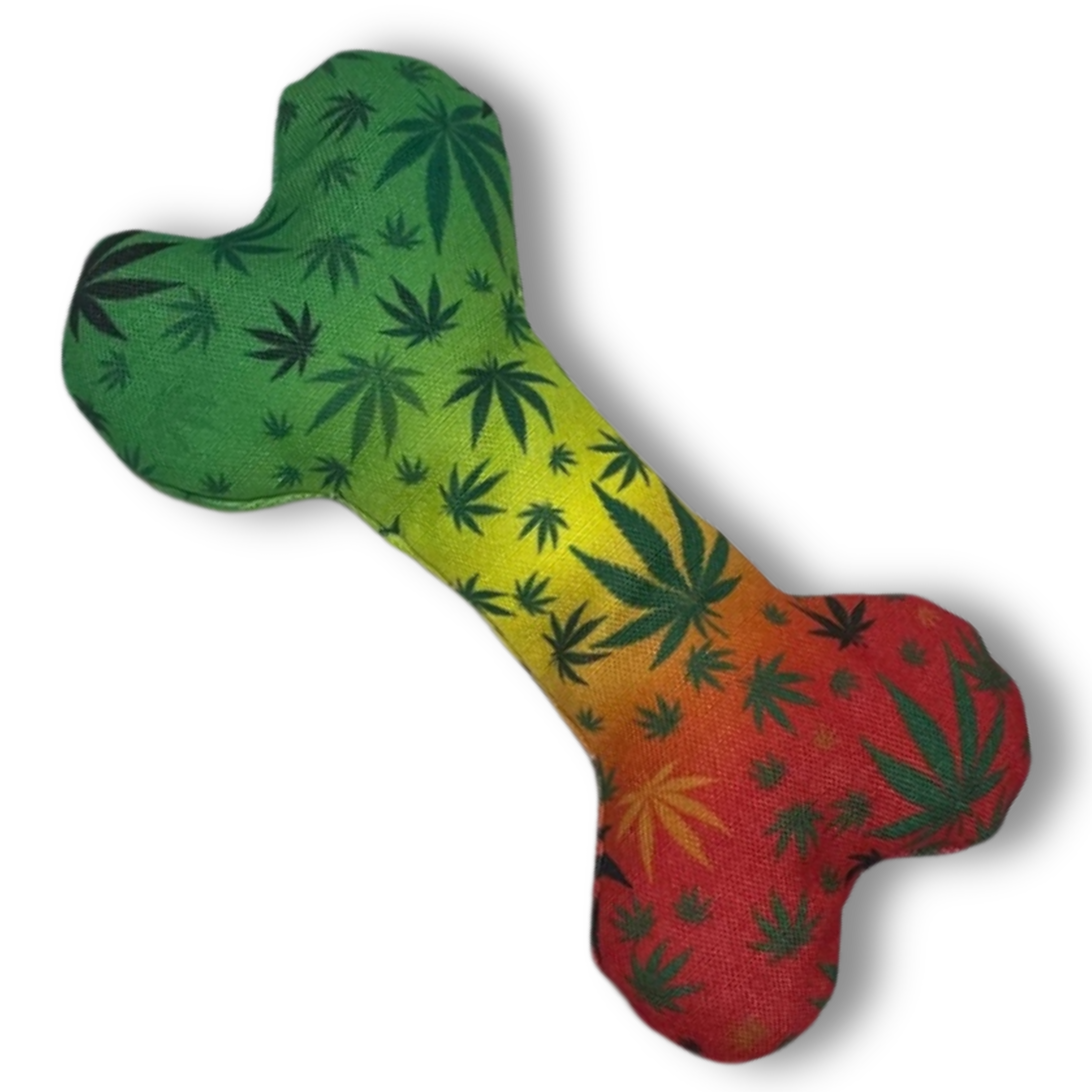 The PAW:20 Stoned to da Bone Canvas Squeaky Toy features a bone shape, green-yellow-red gradient, black cannabis leaf prints, and is perfect for stylish pups who love to play.