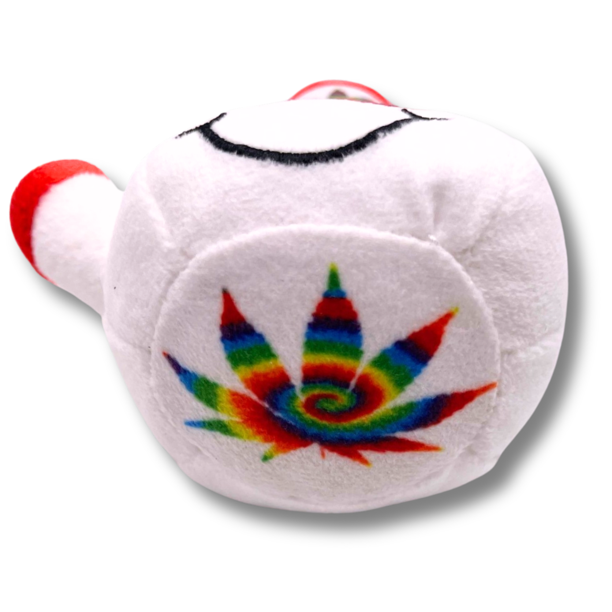 The PAW:20 Lil Billie Bong Cat Toy is a white plush cat toy with a red and white handle, rainbow spiral, and stylized cannabis leaf—an adorable stoner cat gift shown against a white background.