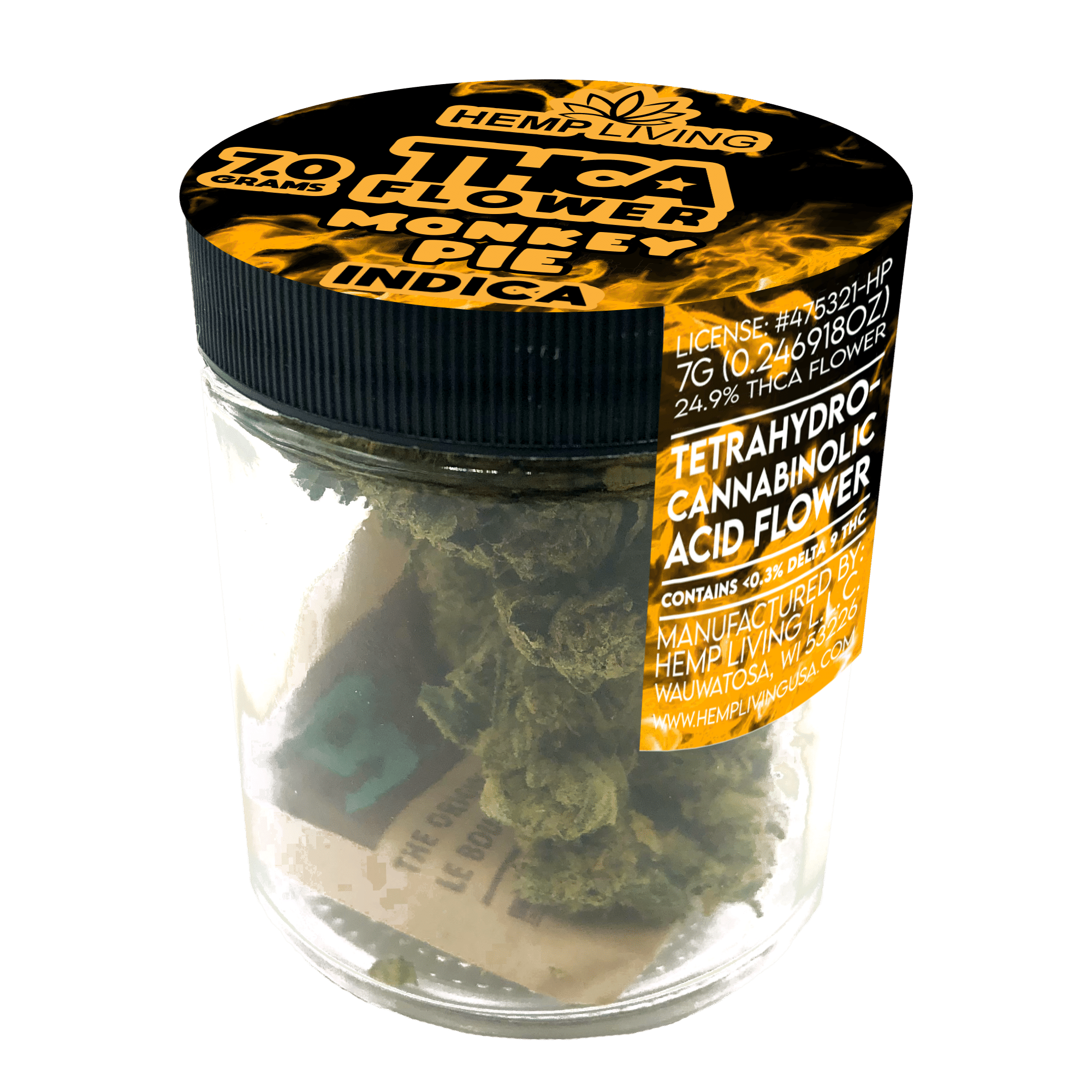 A clear jar with a black lid labeled Hemp Living Monkey Pie Indica Flower displays premium indoor-grown hemp buds. The label highlights 7 grams, 24.9% THCA, and other product details for this potent THCA flower.