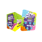 Vibrant packaging for Purple Magic’s “Psilly Dots Mega Dose” includes a box and blister pack with four blue round gummies. Bold, playful text and bright hues of yellow, purple, pink, and blue evoke sensory enhancement.