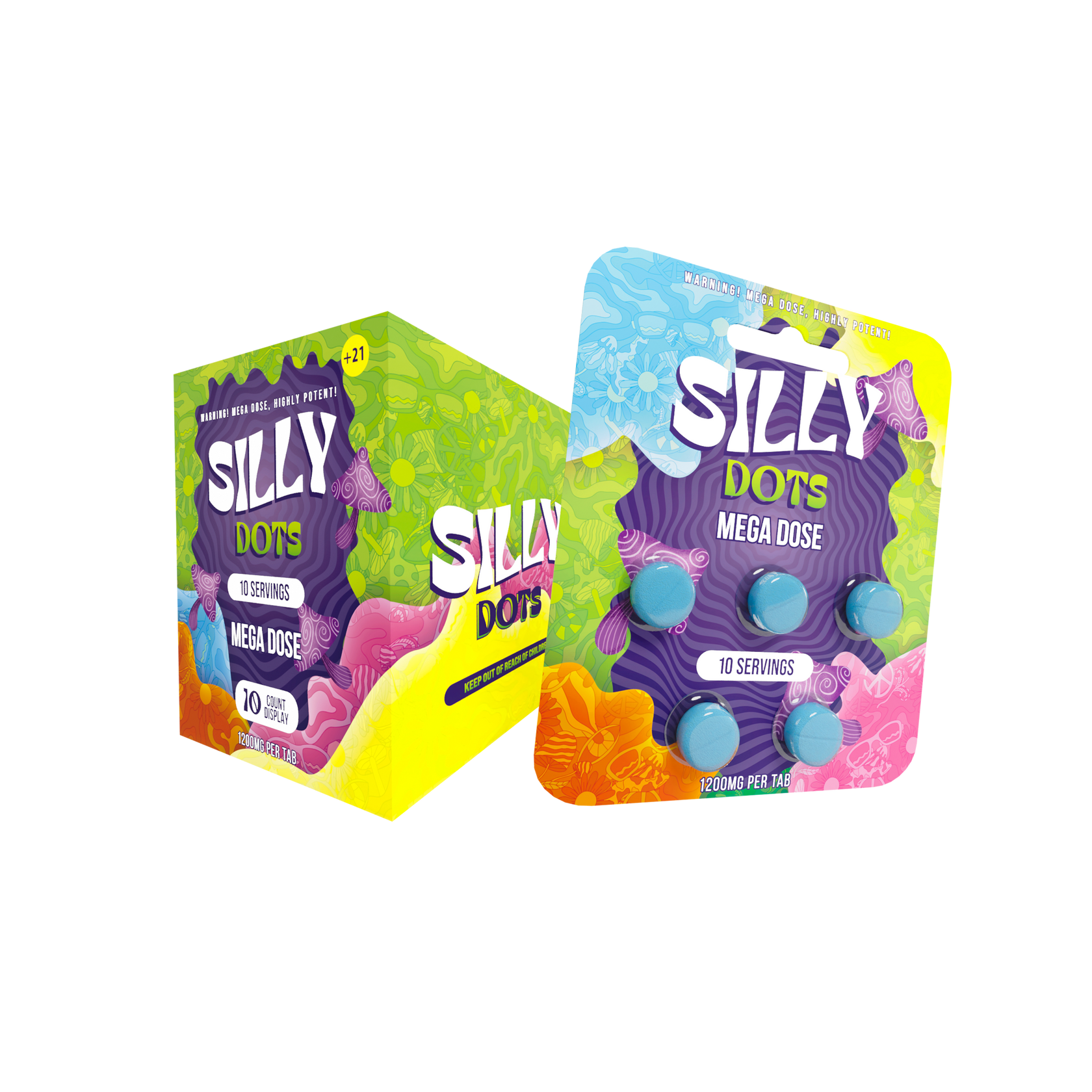 Vibrant packaging for Purple Magic’s “Psilly Dots Mega Dose” includes a box and blister pack with four blue round gummies. Bold, playful text and bright hues of yellow, purple, pink, and blue evoke sensory enhancement.