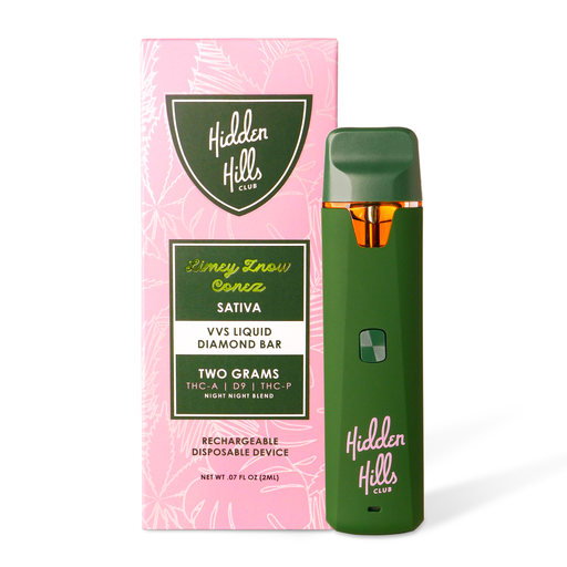 A green Hidden Hills Liquid Diamonds Disposable vape pen is shown with its bright box, labeled Slimey Snow Conez Sativa, Delta 8, 2 grams, and rechargeable for convenience.