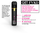 A black FVKD Blue Lotus Disposable vape with gold accents is shown. Features: adjustable airflow, power button, auto-draw wattage. Text highlights improved battery life, USB-C charging, and a ceramic coil for smooth vaping.