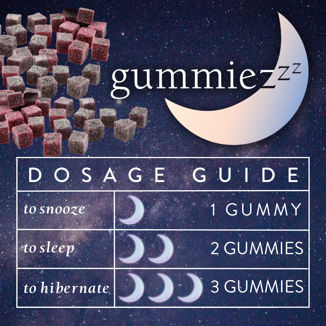 A starry night sky with GummieZzz gummy cubes, a crescent moon DeVINE Wellness logo, and a guide: 1 for snooze, 2 for sleep, 3 for hibernate—the perfect CBD sleep aid.