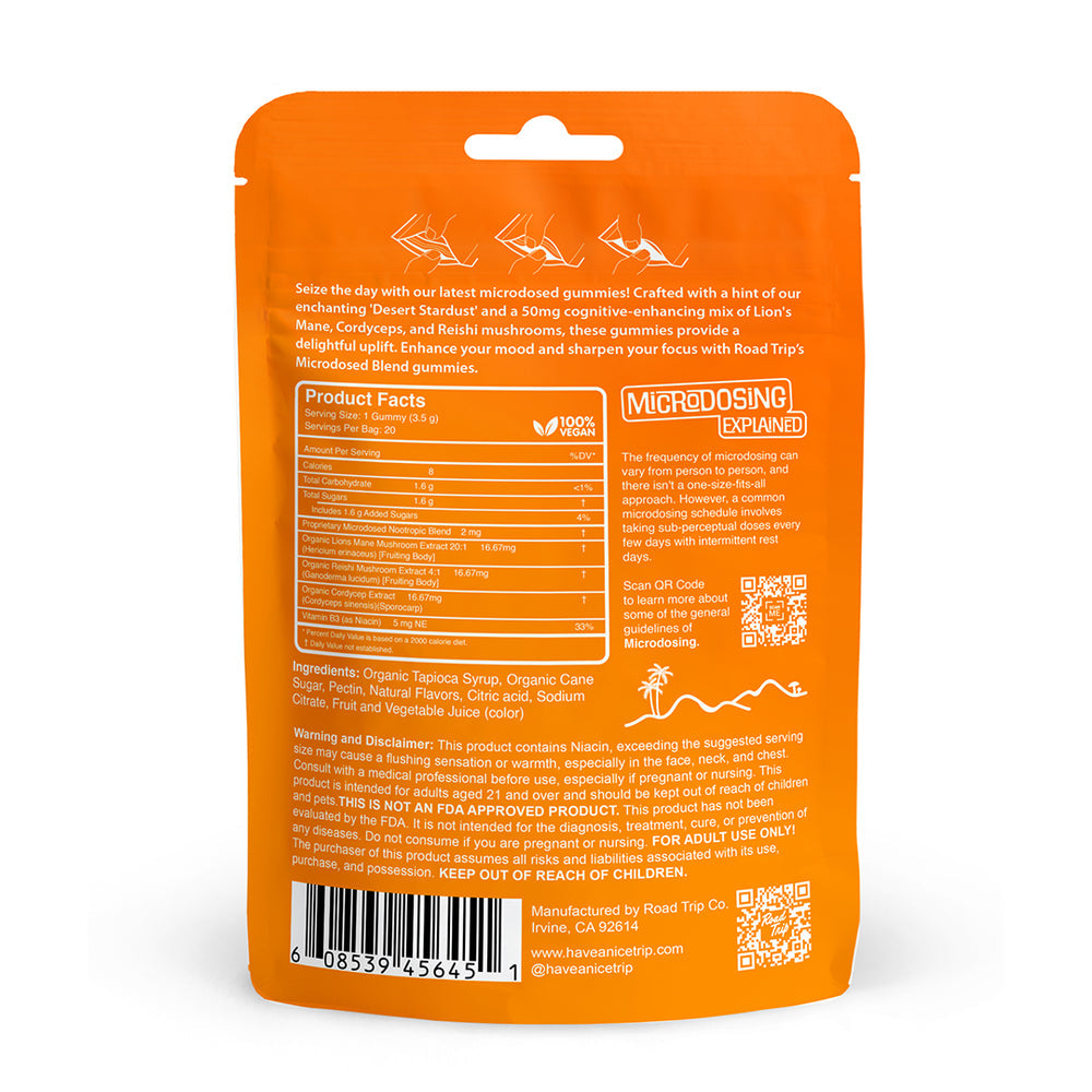 Back of an orange Road Trip Day Trip Microdosed Gummies pouch with white text showing product facts, nutrition info, Lions Mane mushroom in ingredients, directions, QR code, and safety warnings. The vegan pouch is resealable.