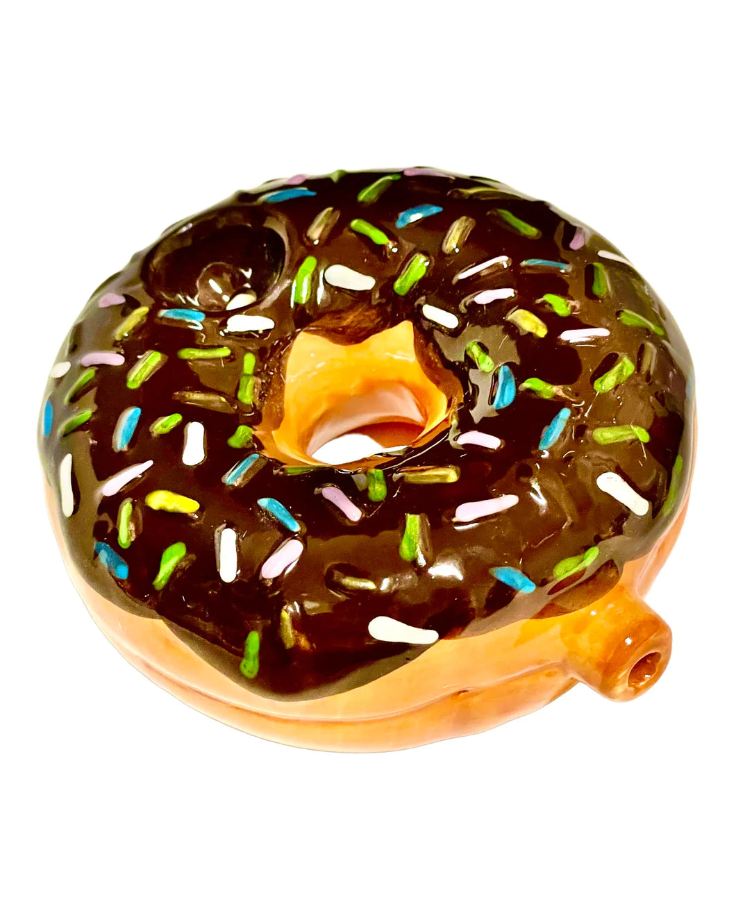 The Fashioncraft Donut Pipe is a ceramic novelty shaped like a chocolate-frosted donut with colorful sprinkles and a side mouthpiece—making it a fun 420 gift.