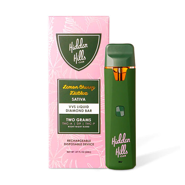 A green rechargeable Liquid Diamonds Disposable vape by Hidden Hills stands by a pink and green Sativa box, featuring 2g THC-A, Delta-9 THC, Delta-8, and THC-P from the Hidden Hills VVS Liquid Diamond Bar series.