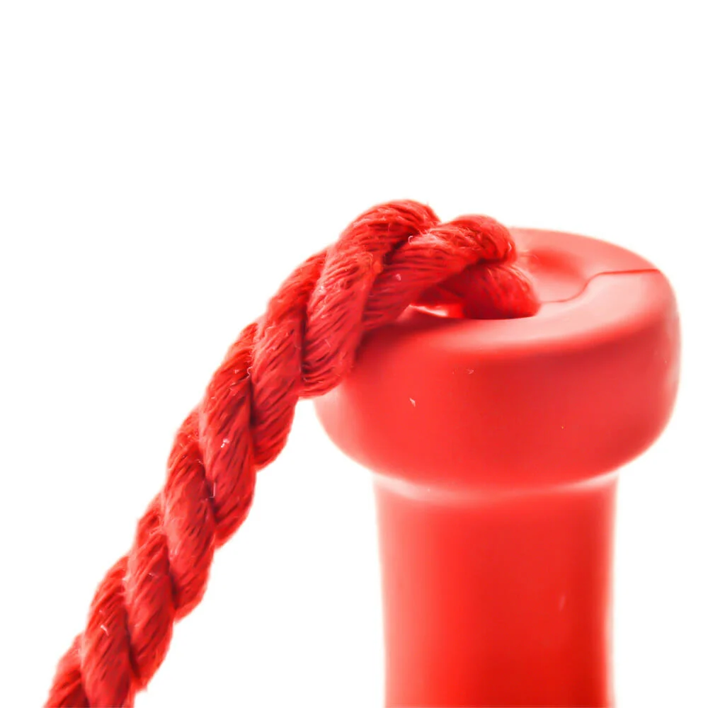 Close-up of Puff Palzs The Tug & Toke, a thick red rope threaded through the top hole of a red plastic post, shown against a white background.