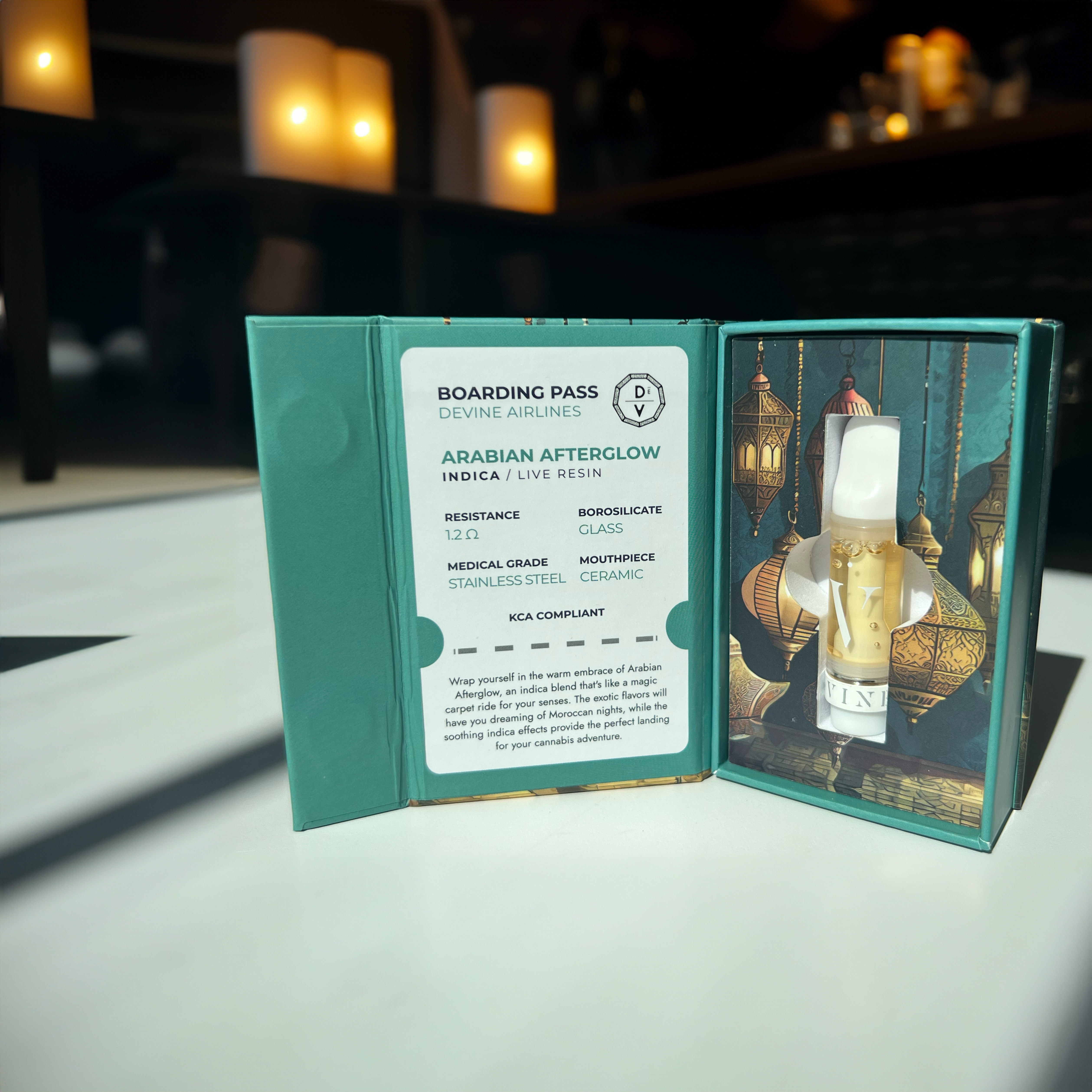 A green box reveals a deVINE Destinations Live Resin THC Cartridge by DeVINE Wellness, with an info card and lantern-themed background. Warm lighting adds an upscale, cozy touch for cannabis connoisseurs.