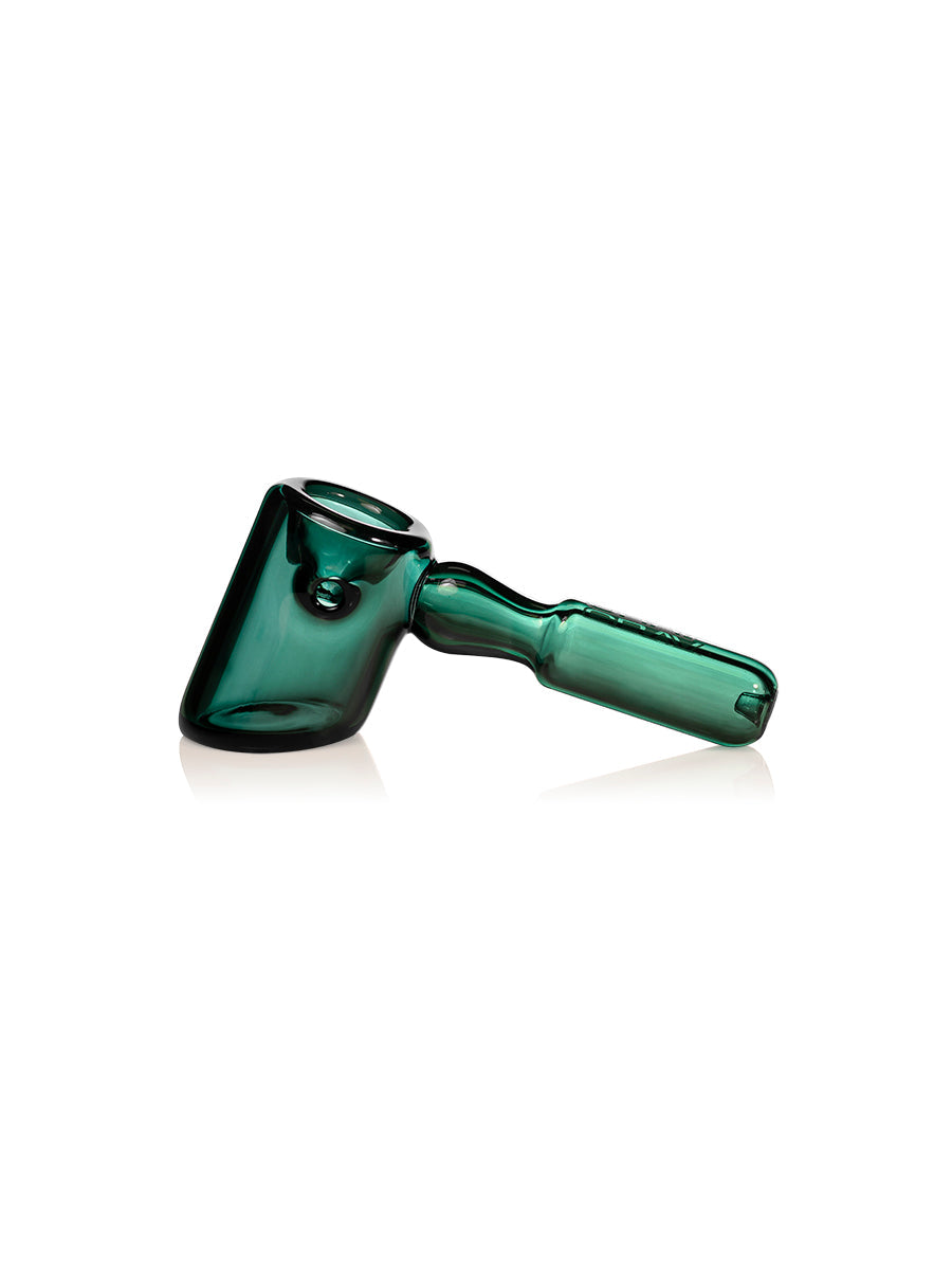 The GRAV Hammer Hand Pipe is a green glass pipe with a bowl, straight handle, and ash-catching chamber, shown against a white background.