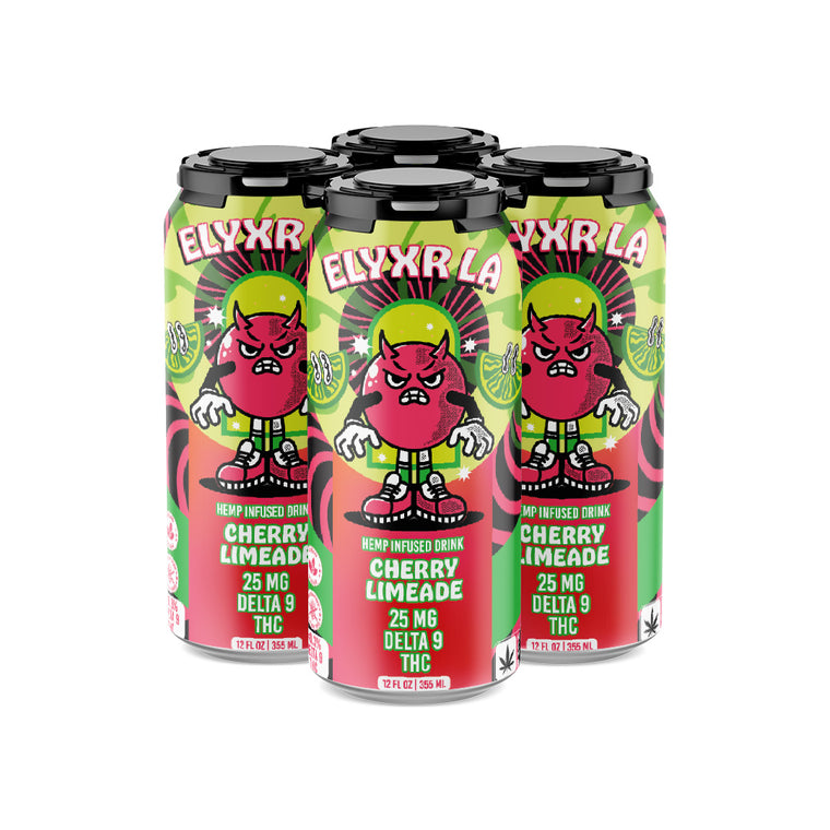 Four cans of Elyxr D9 Soda in Cherry Limeade flavor, each with 25mg Delta 9 THC. Vibrant cans featuring a cartoon cherry and green accents make these drinks a fun, flavorful addition to your THC soda collection.