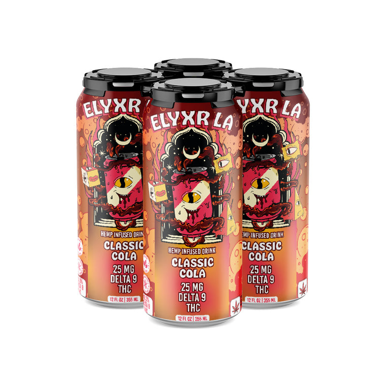 Four cans of Elyxr D9 Soda, each with 25mg Delta 9 THC, feature a vibrant psychedelic design with an eye on an orange-red background—a unique cannabis beverage perfect for your collection.