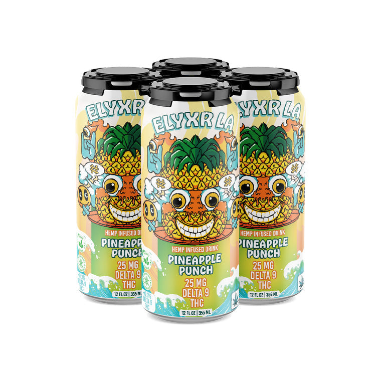 Four cans of Elyxr D9 Soda Pineapple Punch, each containing 25mg Delta 9 THC. The cans feature vibrant, playful designs with cartoon pineapple characters.