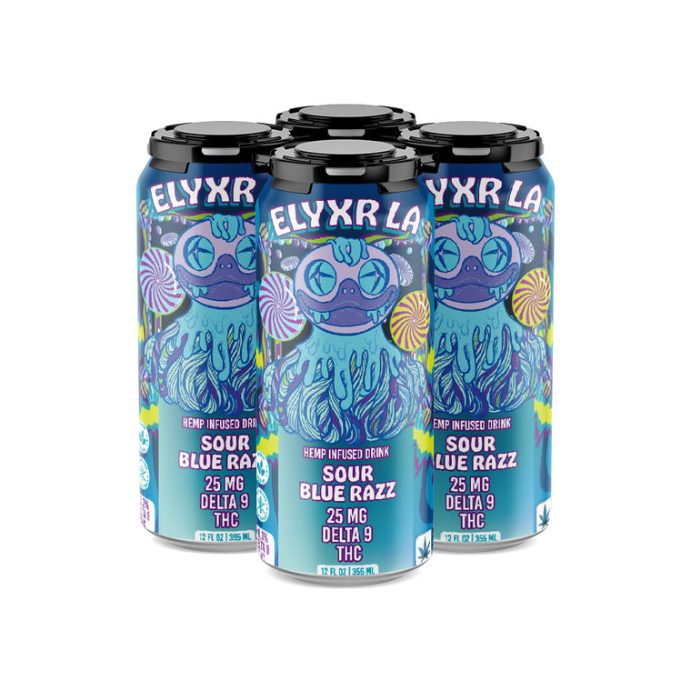 Four cans of Elyxr D9 Soda, each with 25mg Delta 9 THC and blue cans featuring psychedelic octopus art, are grouped in a pack. Experience this bold cannabis beverage.