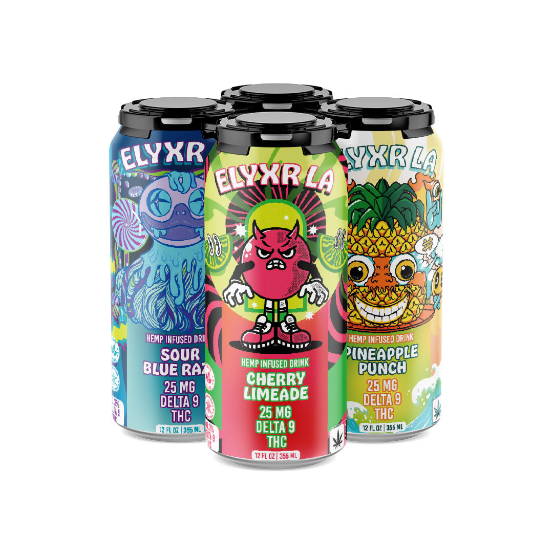 Four colorful cans of Elyxr D9 Soda are displayed: Sour Blue Razz, Cherry Limeade, and Pineapple Punch—all featuring vibrant, cartoon-style fruit characters on the labels.