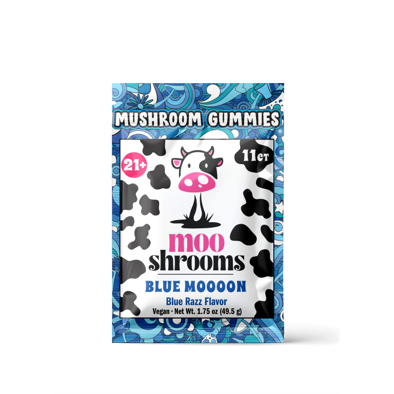 Mooshrooms Mushroom Gummies by Mooshrooms in Blue Razz flavor feature a cartoon cow, playful cow print, and blue border. These vegan gummies offer a tasty mood boost and are labeled 21+, 11 ct, Net Wt. 1.75 oz (49.5g).